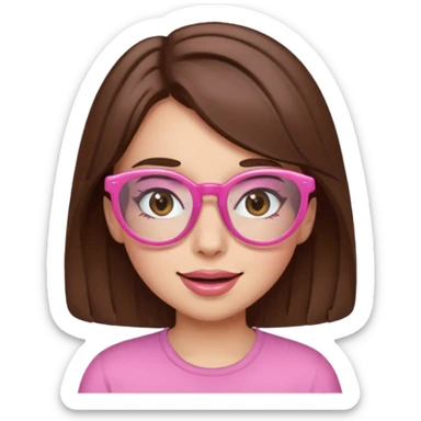 girl with medium brown hair and brown eyes, wearing pink glasses, winking sticker