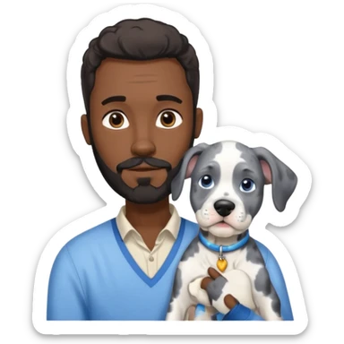 man and dog, tall bearded dark-skinned man, blue Merle Great Dane puppy sticker