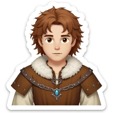 medieval spring outfit worn by a DnD themed fantasy male character. cotton tunic with sleeves rolled to the elbow, featuring a light fur-lined collar for chilly mornings. clothes only above the waist. The clothes full waist. The character's haven't arms. character is white-skinned, chestnut brown hair, amber eyes, shoulder-length messy hair. sticker