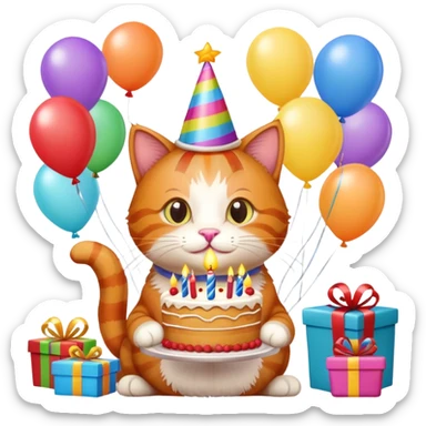 Ginger cat celebrates birthday, birthday hat, birthday cake, balloons, happy, gifts sticker