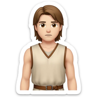 medieval summer outfit worn by a DnD themed fantasy male character. basic sleeveless wool tunic with a slit down the chest, fastened with a single leather tie. clothes only above the waist. The clothes full waist. The character's haven't arms. character is white-skinned, brown hair, hazel eyes, shoulder-length straight hair. sticker
