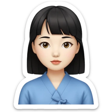 Clean Korean illustration-style emoji portrait of a young Korean woman, front-facing.
Smooth porcelain skin, soft shading, large round eyes, calm neutral expression.
Straight black bangs, black hair tied back, small nose and lips.
Round oval face, soft jawline.

 sticker
