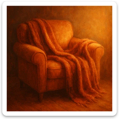 cozy armchair with a blanket, warm colors, soft lighting sticker