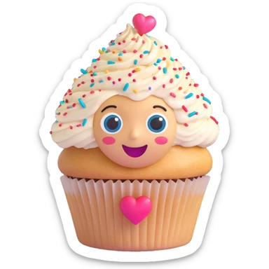 happy emoji-style face made from a cupcake, frosting hair, big sparkling eyes, joyful smile, colorful sprinkles, heart-shaped candy, representing love for sweets sticker