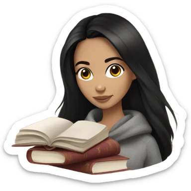 Brunette girl, black straight hair, cozy with tea and book sticker