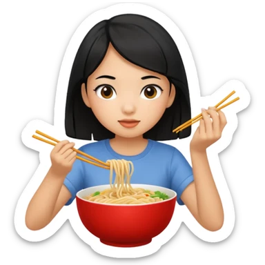girl with black hair in short sleeves eating noodles sticker