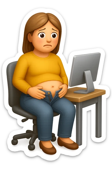 emoji stile iphone di una donna seduta alla scrivania dell'ufficio con i pantaloni sbottonati perché ha la pancia gonfia, falla a corpo intero, iperrealistico 4k sticker