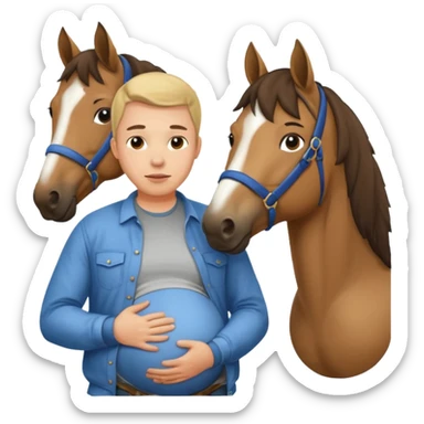pregnant man in casual wear near horse sticker