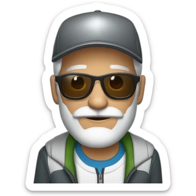 gray-haired man with a beard and mustache in sunglasses wearing a baseball cap on his head in a sports jacket sticker