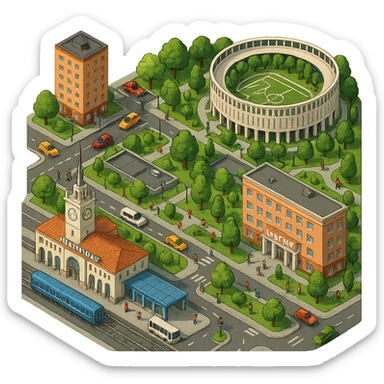 Изометричная миниатюрная фотореалистичная 3D модель панорамы Краснодара - вокзал Краснодар, КубГМУ, парк Краснодар со стадионом, краснодарские дома, автотранспорт четкие линии, яркие цвета, мультяшный реализм, люди, автотранспорт, компактная композиция, вид сверху в изометрии, прозрачный фон sticker