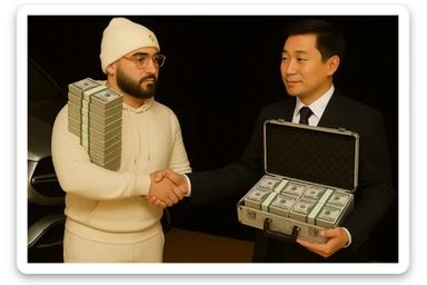 Edit the image of the Asian man holding a briefcase so that the briefcase is filled with US money instead of Chinese money. Keep the Cartier glasses on the man in the white hoodie and maintain the car in the background as is. Preserve the overall style and details of the original image. sticker