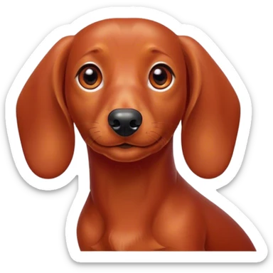 Cinematic Cute Red Dachshund Portrait Emoji, Head tilted playfully and inquisitively, featuring a glossy red coat with a sleek sheen, round, sparkling brown eyes filled with curiosity, Simplified yet irresistibly adorable features, highly detailed, glowing with a warm, friendly glow, high shine, affectionate and spirited, stylized with a touch of whimsy, bright and endearing, soft glowing outline, capturing the essence of a mischievous yet loving pup, so playful it feels like it could dash out of the screen and into your arms! sticker