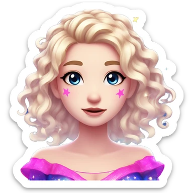 Hair: Light blonde with neon pink and violet highlights, long with curls, glowing star-shaped clips or a sparkling tiara. Eyes: Bright blue, large and expressive. Outfit: Off-shoulder top with neon accents and starry patterns. Anime style sticker
