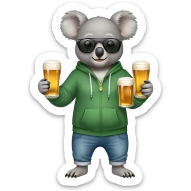 anthropomorphised koala, full body, wearing a hoodie and jeans, dark sunglasses, headphones, dressed for St. Patrick's Day sticker
