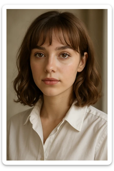 portrait of a young woman, age 22, brown eyes, light brown shoulder-length hair with gentle curls and bangs, light makeup, in a white dress shirt sticker