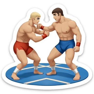 An icon showcasing two wrestlers engaged in a Greco-Roman wrestling match. The athletes are locked in a strong clinch, using their upper bodies to dominate. The background features a wrestling mat and traditional Greco-Roman elements. Transparent background. sticker
