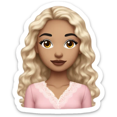 Light skin girl with Cupid bow lips and long eyelashes and black eyes straight eyebrows and wavy long black hair pink blush on cheeks wearing flare lace shirt  sticker