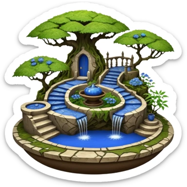 Alien saucer house jungle-vines stairway fountain mountain-island landscape antique mudman very old broken cracked intricate Stone Age lapis-crusted irregular dodecagon-shaped shallow dark moss rough bark blue serissa flowered maple tree bonsai pot sticker