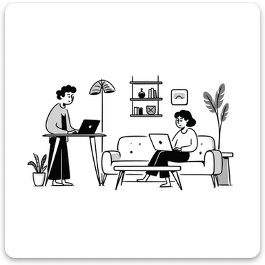 escenary 3d of a cozy mid-century living room with two people working on laptops, one man standing at a desk, and one woman sitting on a couch sticker
