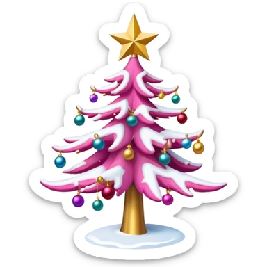 Pink Christmas tree with snow on the branches and a gold star on top sticker