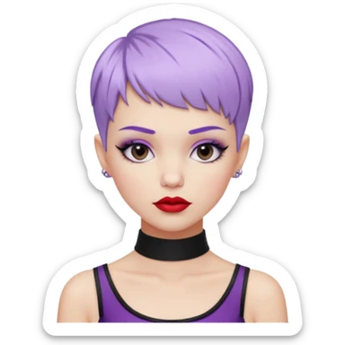 fashionista white girl, pastel purple short pixie hair, black choker, red lipstick, lip ring, raised eyebrows, smirk sticker