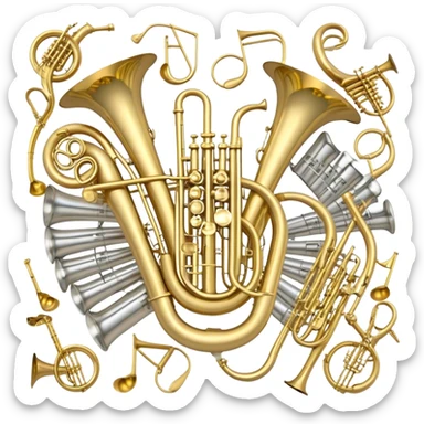 Create a festive and elegant emoji collage featuring a bouquet or fan of bells of wind instrument  (trumpets, saxophones, trombones, tubes, etc.) arranged in a radiant, symmetrical pattern. The instruments should have polished, golden and silver finishes, with their large, shiny bells forming a beautiful, fan-like display. Include a flowing ribbon of musical notes swirling through the center, conveying movement and melody. The background should feature a deep red velvet texture, adding a touch of luxury and sophistication. The overall composition should be balanced, with an elegant and regal feel, with a transparent background to keep focus on the instruments and musical elements. sticker