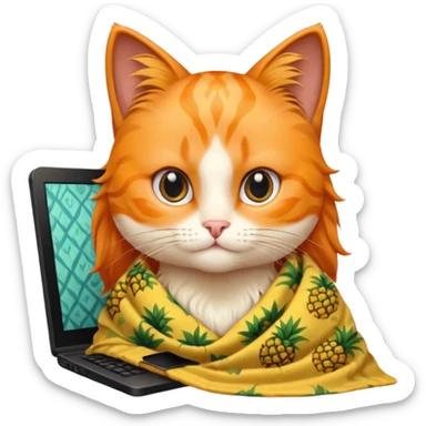 An orange female cat with a computer, with long eyelashes and black wavy hair,
She wears a blanket with pineapple patterns on her body, There's no pineapple sticker
