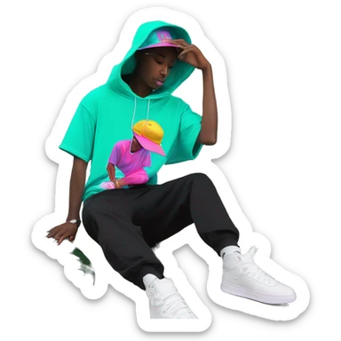 Multicoloured neon person smoking wearing hoodie dancing hip hop bucket hat tropical Skater fashion aesthetic baggy clothes graphic t shirt 420 sticker