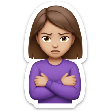 Girl with brown hair crossing arms in front of her chest and making an angry face with a purple longsleeve shirt on and be more pouty make her skin lighter sticker