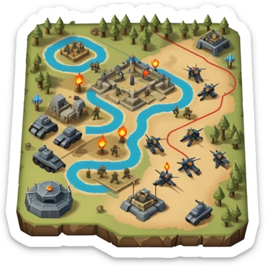 An icon showing a strategic battle scene with a top-down view of an army, inspired by classic strategy games. The interface displays unit icons, a minimap, and resource counters. Soldiers and siege weapons engage in combat on detailed terrain. Transparent background. sticker