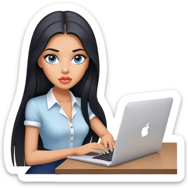 Glamours tanned very beautiful girl with pump peach lips and black straight smooth long hair, blue-grey eyes with MacBook in the office sticker