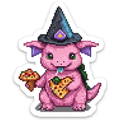 pink triceratops with a wizard hat holding a pepperoni sausage pizza slice sticker
