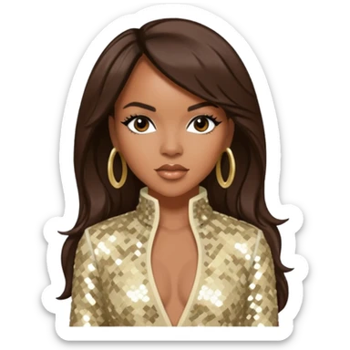 LeToya Luckett from Destiny's Child with long dark brown hair, cream sequin outfit sticker