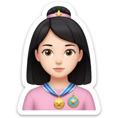 black haired girl wearing pastel pink with medals sticker