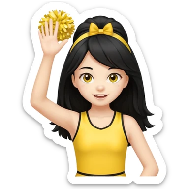 A long black hair teen girl waving pom-poms, eyes sparkling with excitement, yellow cheer leader top sticker