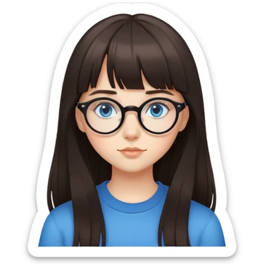 teenage girl with long dark brown hair, bangs, blue eyes, round glasses with thin black frames sticker