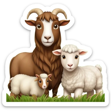 Icon for Domestic Hooved Animals: A gentle collage featuring a brown goat with large, curious eyes, a calm sheep with soft wool, and a majestic horse with a flowing mane. Background with a green pasture and a few hay bales. Transparent background. sticker