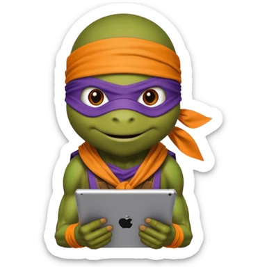 Donatello from Teenage Mutant Ninja Turtles, emoji style, using a tablet with a hacking screen and a bandana, with an orange hacking interface on the screen sticker