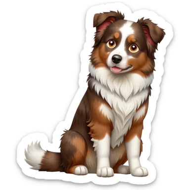 cinematic-[australian shepherd dog]-realistic-full-body-sitting-emoji,-tail-resting-loosely-beside-its-paws,-head-tilted-dramatically,-scruffy-[white and red merle]-fur,-simplified-yet-realistic-focused-features,-highly-detailed,-glowing-with-an-almost-sarcastic-glow sticker