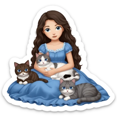 detailed realistic looking a dark grey and white cat regally laying with six other cats, cuddling with their owner in bed who is a pretty bratz lightly tanned white girl with long dark brown hair, blue eyes and gorgeous long wavy hair wearing a pretty detailed dress sticker