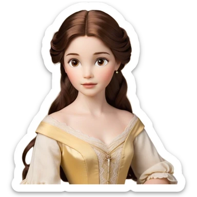 Cinematic Realistic Belle Portrait, depicted with lifelike skin texture, soft natural lighting, and intricately detailed brown hair styled elegantly. Her deep, expressive eyes exude warmth and intelligence, complemented by a serene and graceful expression. She is dressed in her classic attire, with rich fabric textures and delicate folds that catch the light beautifully. The portrait features a soft, enchanting glow with a natural, radiant finish, capturing the essence of timeless beauty in a realistic and painterly style, evoking a sense of depth and authenticity. sticker