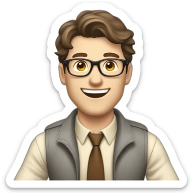 Joyful Celebrating victory Hands up Pale skinned Fit Man With dark brown hair in gray jacket, beige office shirt, Brown pants and vintage glasses sitting In a soft chair sticker