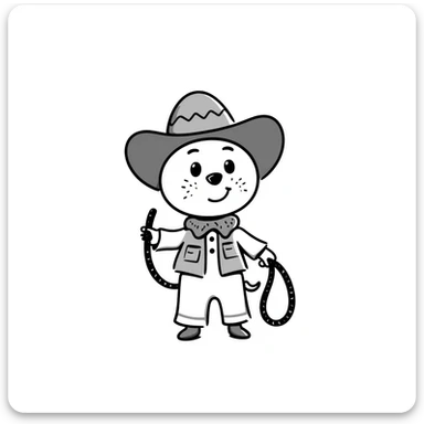 A hand-drawn plush baby cowboy toy with a lasso and cute freckles sticker
