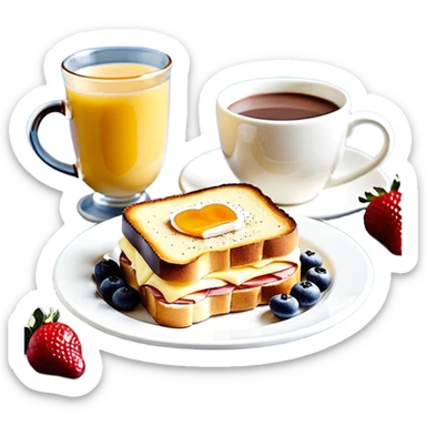 Un joli plateau sur lequel repose un délicieux petit déjeuner composé d’un croque-monsieur croustillant, d’un bol de yaourt aux fruits, d’une tasse de chocolat chaud garnie de guimauves et d’un joli vase contenant deux fleurs d’hibiscus sticker