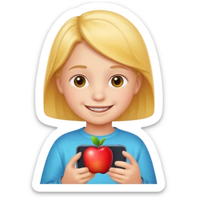 little kid smiling and looking at a phone, apple style emoji sticker