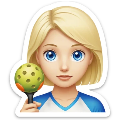 Blond girl with blue eyes holding a pickleball sticker