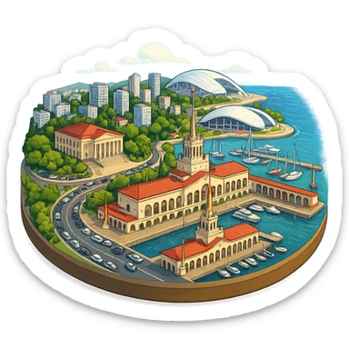 Изометричная, яркая, детализированная и фотореалистичная иллюстрация панорамы города Cочи на круглой подставке в стиле 3D-коллажей городов, здание Морского Порта, Зимний театр, стадион Фишт, море чёткие линии, слегка мультяшная стилистика, прозрачный фон, не обрезать края картинки sticker