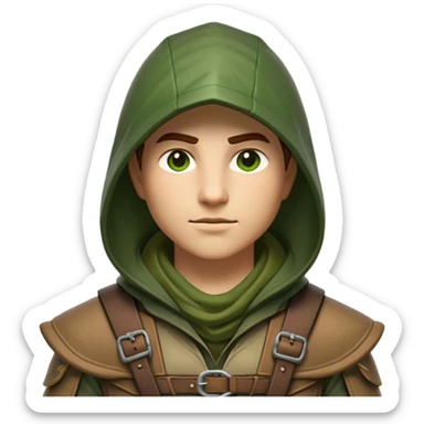 Clash of Clans aesthetic friendly Ranger Portrait Emoji, With a lean, agile build clad in earth-toned leather and green accents, a keen, focused gaze and a weathered hood shadowing determined eyes, his face rendered in a natural skin tone (not yellow), Simplified yet sharply defined features, highly detailed, glowing with a soft, natural woodland radiance, high shine, intelligent and resolute, stylized with an air of forest guardian authority, focused and alert, soft glowing outline, capturing the essence of a confident ranger ready to defend the wild with stealth and valor! sticker