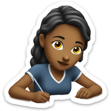 the girl is sitting at the table and writing in a notebook sticker