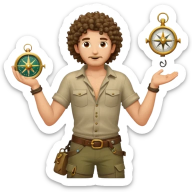 full body jungle explorer man, curly hair, from behind, half-open shirt slipping off shoulders, relic compass in hand sticker